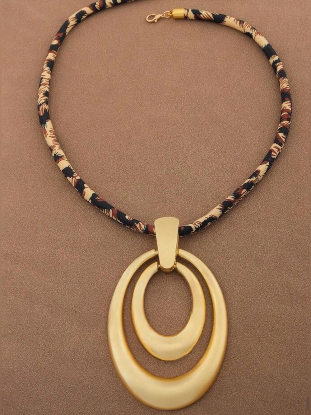 Gold Double Oval Pendant Necklace with Patterned Cord